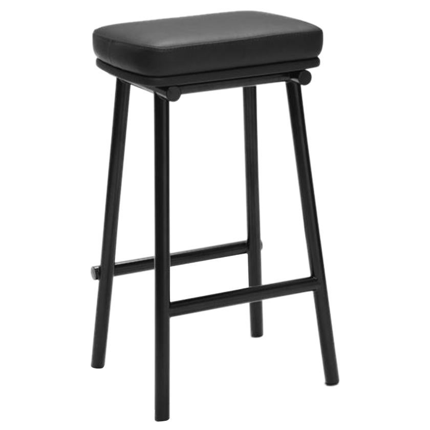 Tubby Tube Counter Stool with Black Frame & Black Leather Seat, Faye Toogood