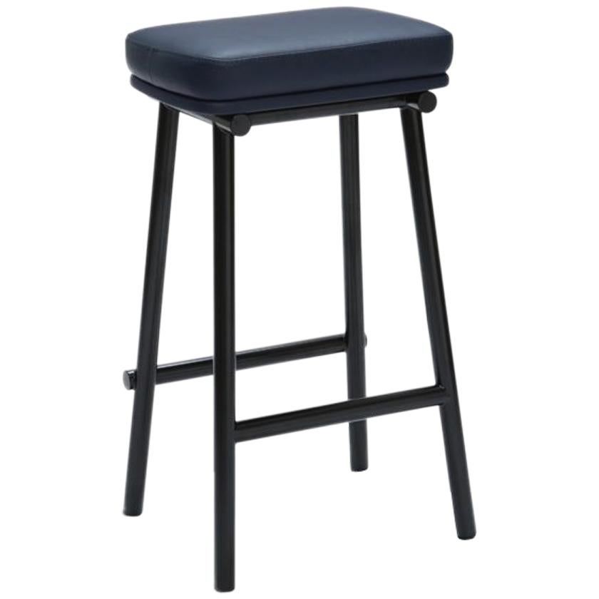 Tubby Tube Counter Stool with Black Frame & Navy Blue Leather Seat, Faye Toogood