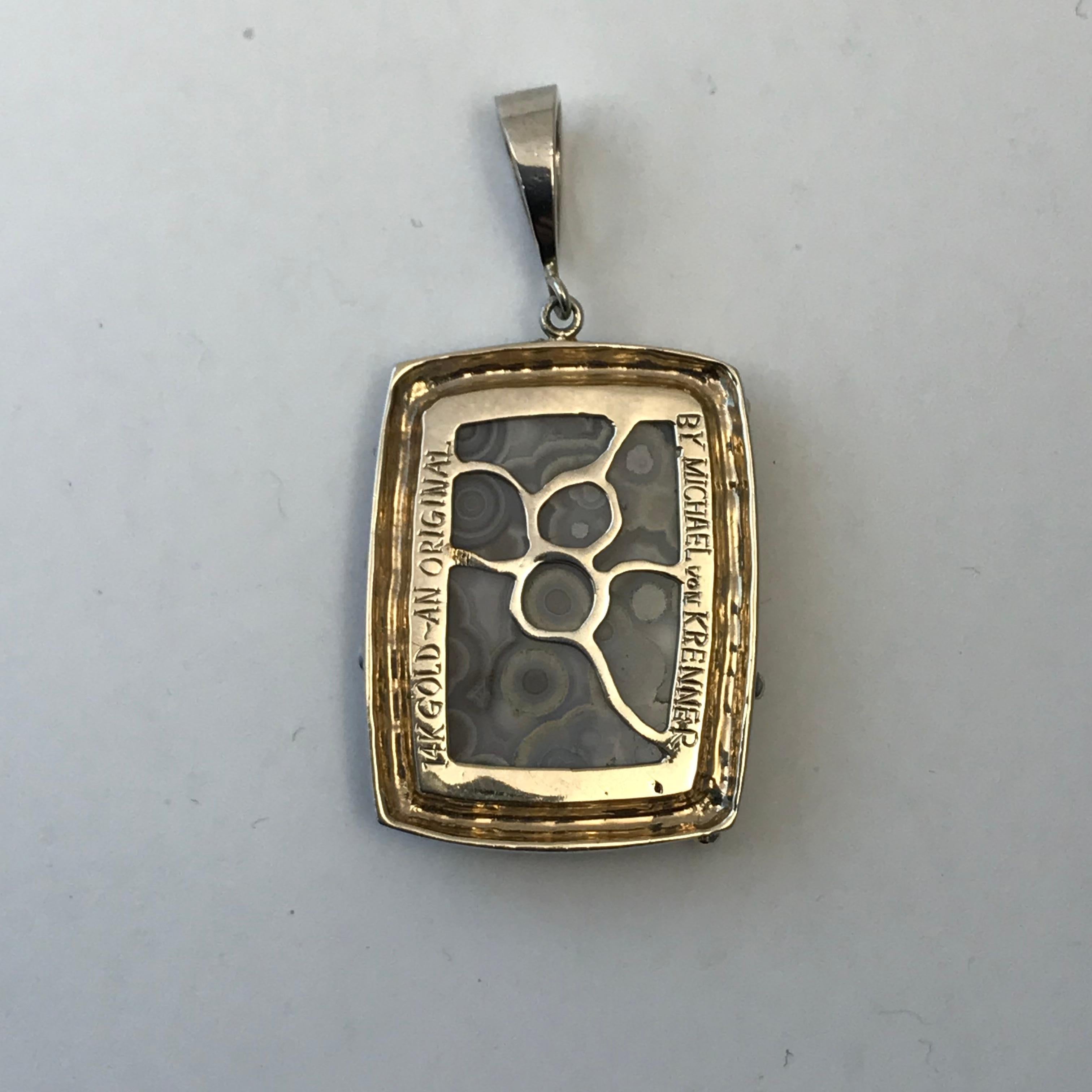 Tube Agate Pendant with .21 Carat Diamonds in 14 Karat White Gold For Sale 5