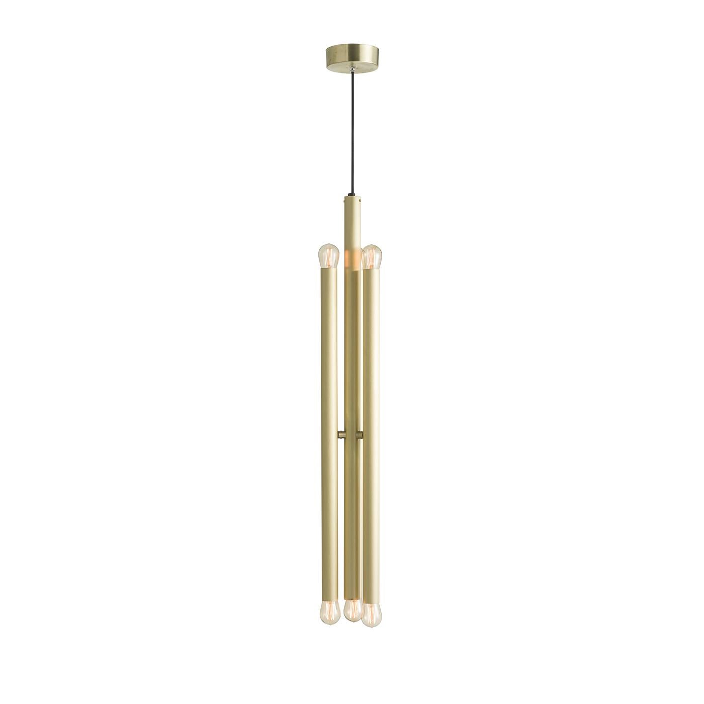 The Tube Pendant Light is a sculptural masterpiece, creating a striking contemporary feel in any living space. Its eye-catching structure is formed of three brushed brass tubular fixtures with a bulb on either end, all of which can be adjusted and