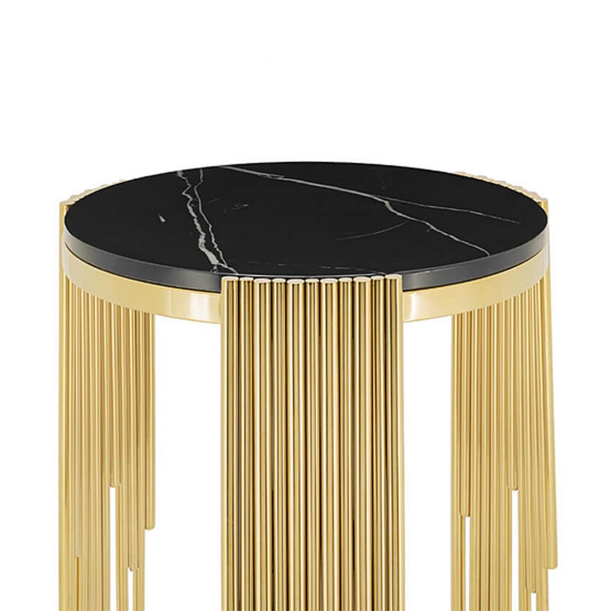 Side table tubes II with structure in steel 
in gold finish and with black marble top.