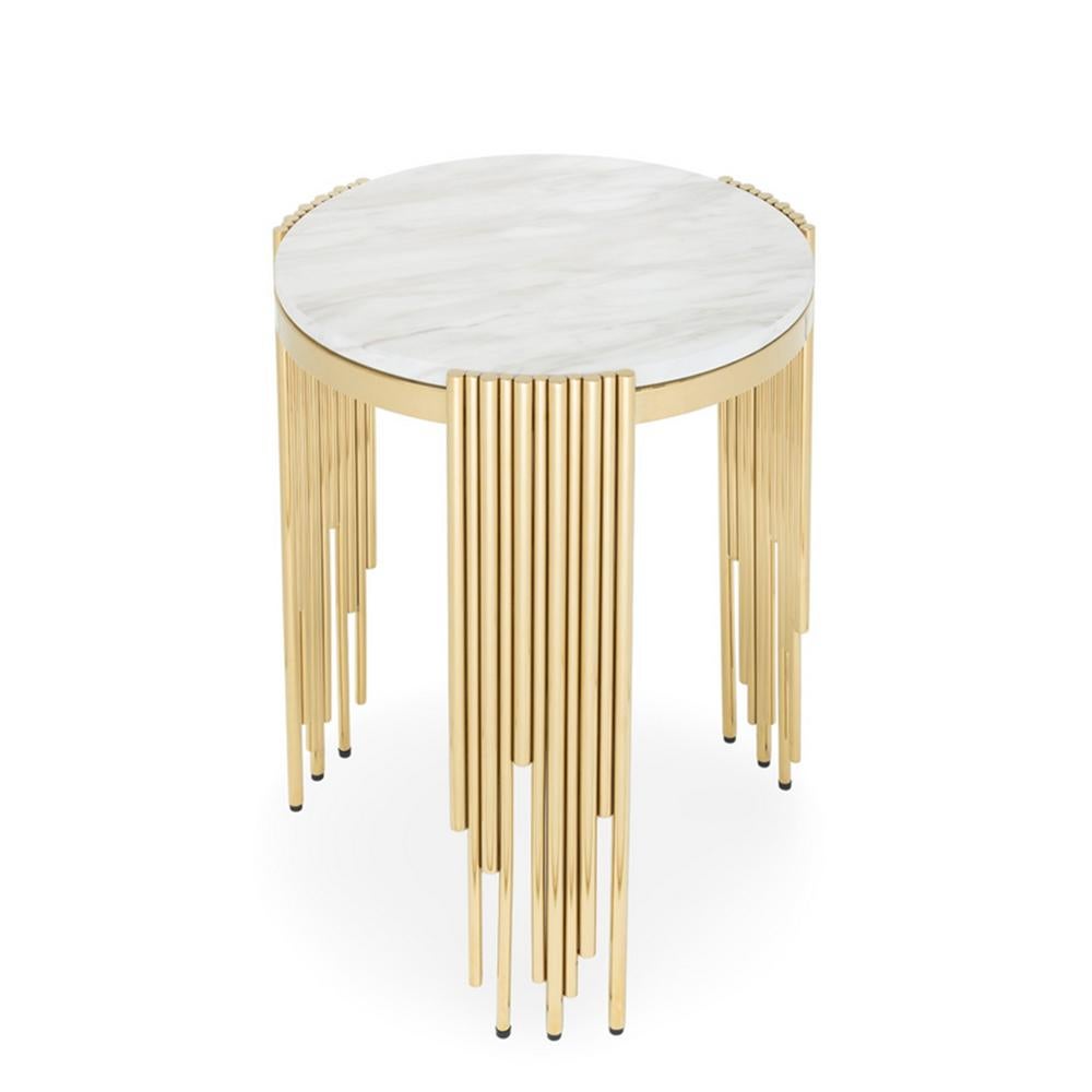 Side table tubes II white with structure in steel 
in gold finish and with white resin marble top.