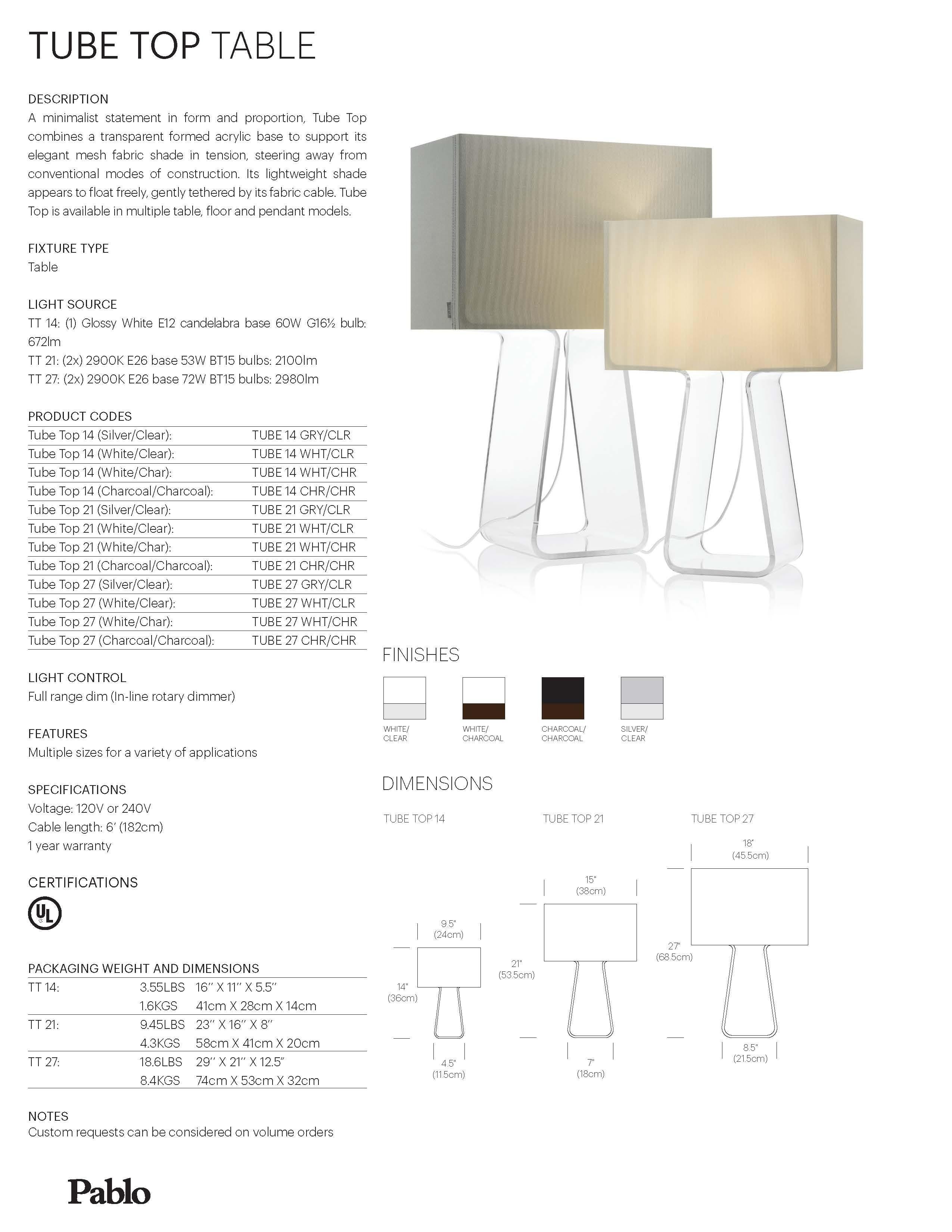 Contemporary Tubetop 14 Table Lamp in White and Clear by Pablo Designs For Sale