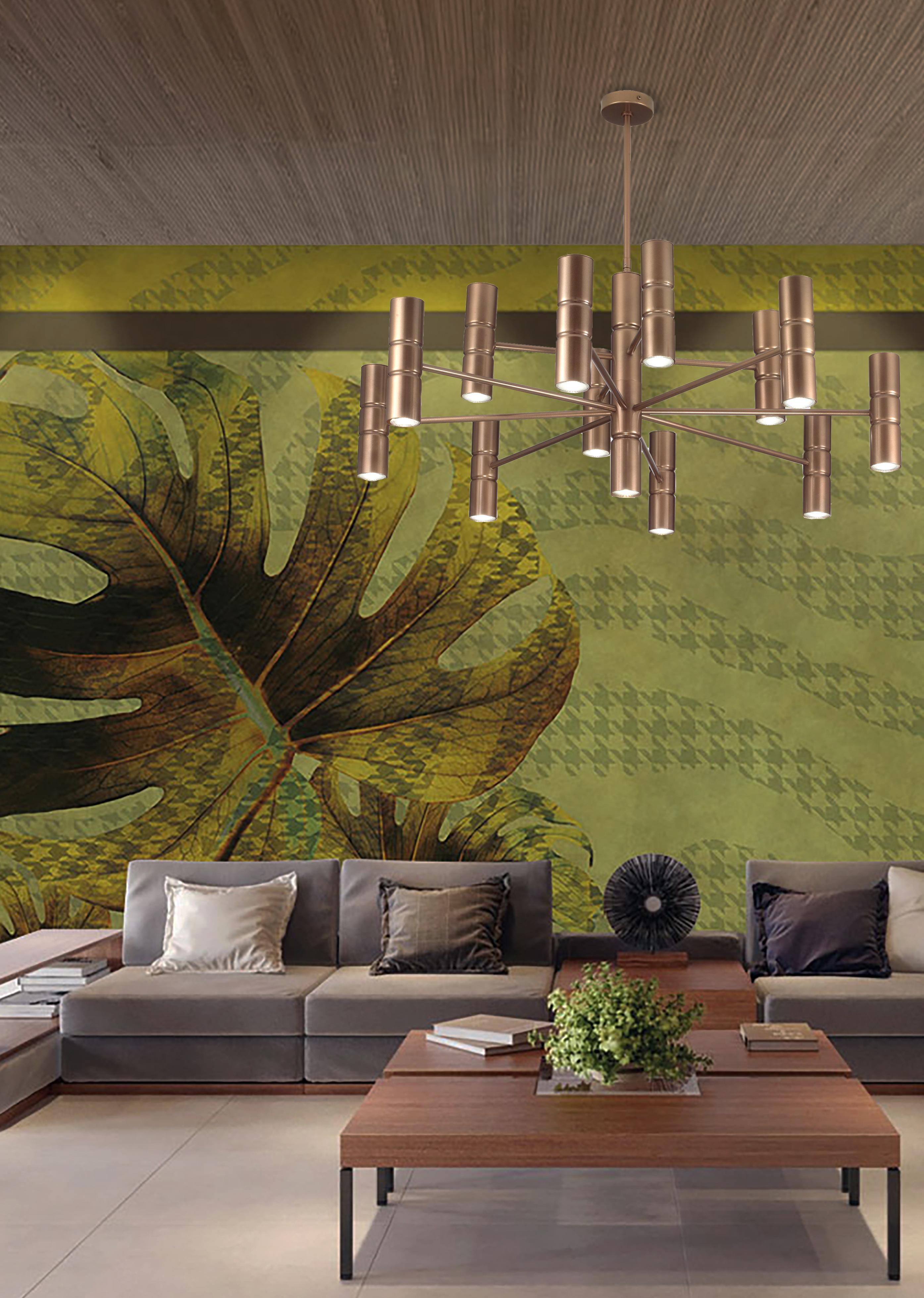 Empotrable o araña geométrica italiana de color bronce bruñido con 13 portalámparas de tubo / Fabricada en Italia por Fabio Ltd inspirada en Gaetano Sciolari
Diámetro: 39,5 pulgadas / Altura: 16 pulgadas más varilla y dosel
13 luces / tipo GU10 /