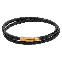 Tubo Scoubidou Double Wrap Bracelet in Black Leather and 18K Yellow Gold, Size S