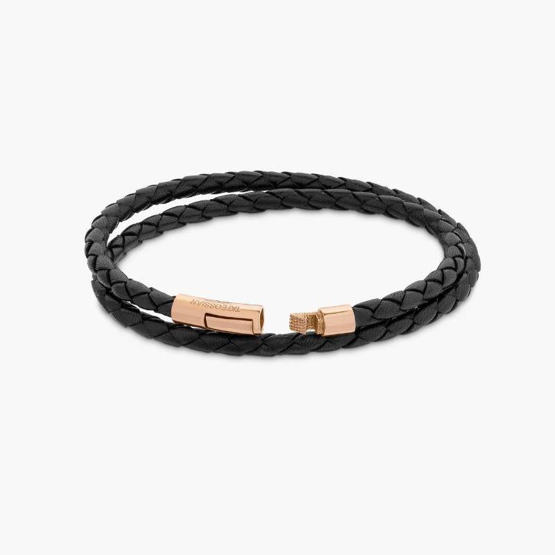 Men's Tubo Scoubidou Double Wrap Bracelet in Black Leather with 18K Rose Gold, Size S For Sale
