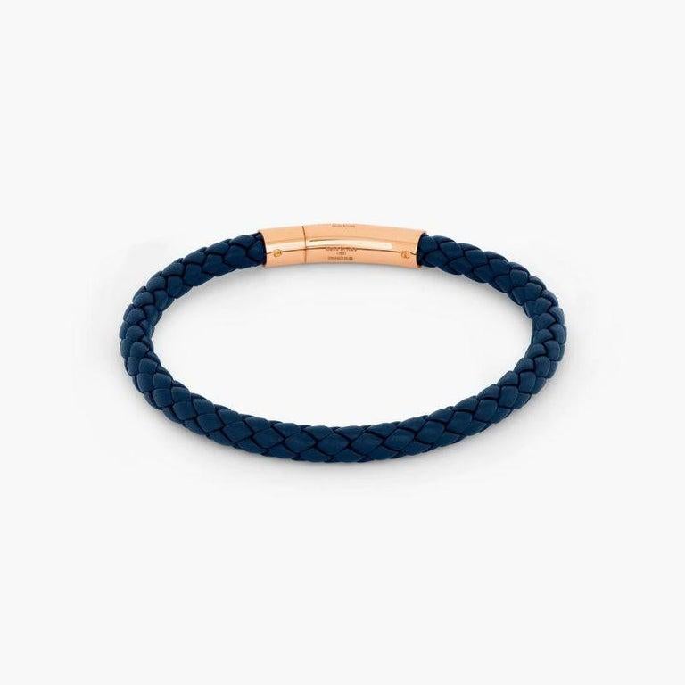 Men's Tubo Taito Bracelet in Navy Leather with 18K Rose Gold, Size L