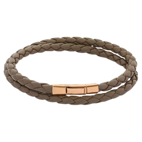 Tubo Taito Double Wrap Bracelet in Brown Leather with 18K Rose Gold, Size S