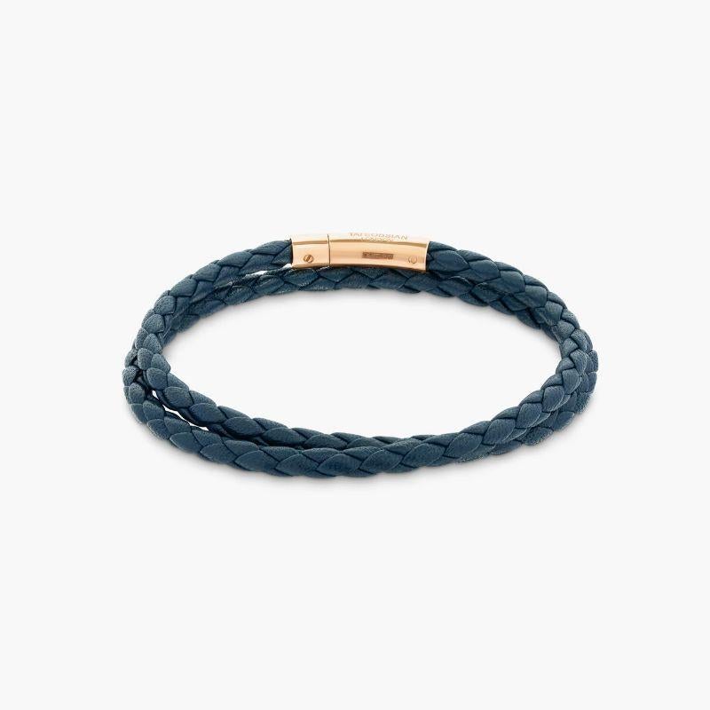 Tubo Taito Double Wrap Bracelet in Navy Leather with 18K Rose Gold, Size S In New Condition For Sale In Fulham business exchange, London