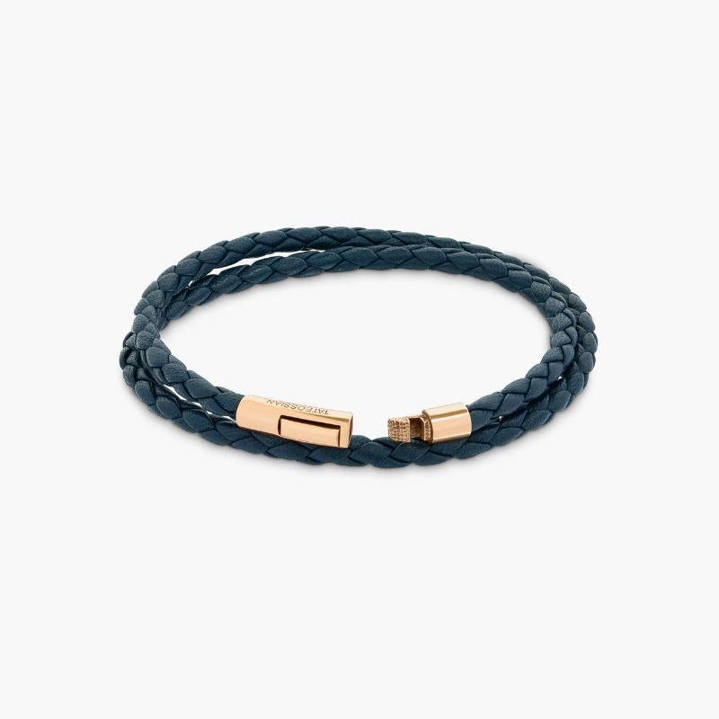 Men's Tubo Taito Double Wrap Bracelet in Navy Leather with 18K Rose Gold, Size S For Sale