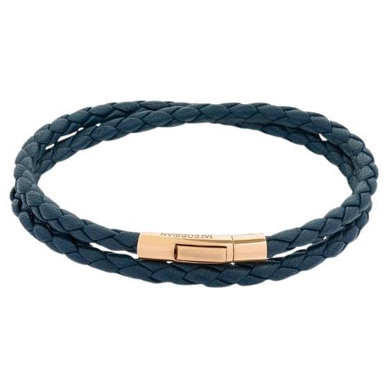 Tubo Taito Double Wrap Bracelet in Navy Leather with 18K Rose Gold, Size S For Sale