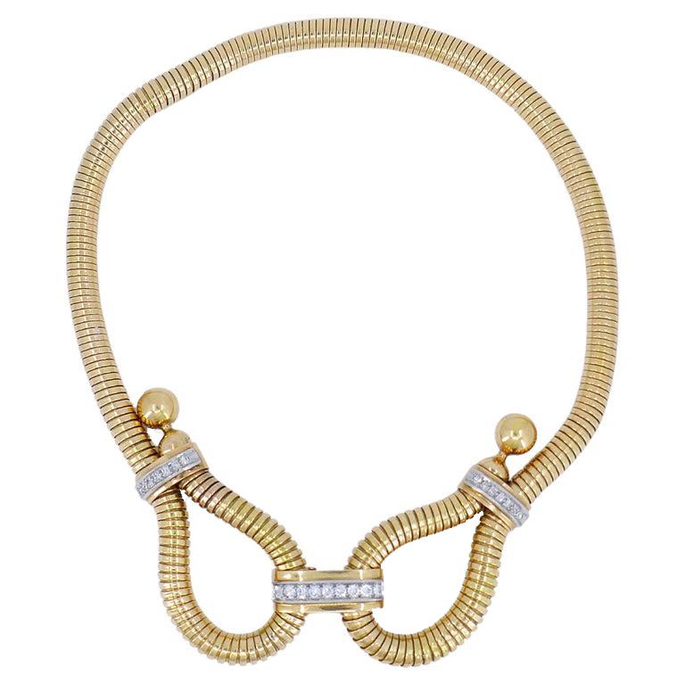 Tubogas 18k Gold Diamant-Halskette Retro Französisch Vintage Estate Jewelry (Alteuropäischer Schliff) im Angebot