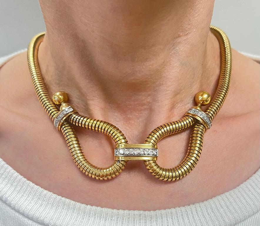 Tubogas 18k Gold Diamant-Halskette Retro Französisch Vintage Estate Jewelry im Angebot 2