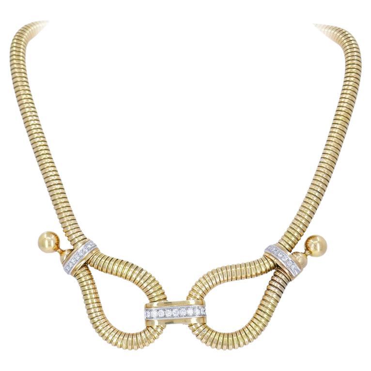 Tubogas 18k Gold Diamant-Halskette Retro Französisch Vintage Estate Jewelry im Angebot
