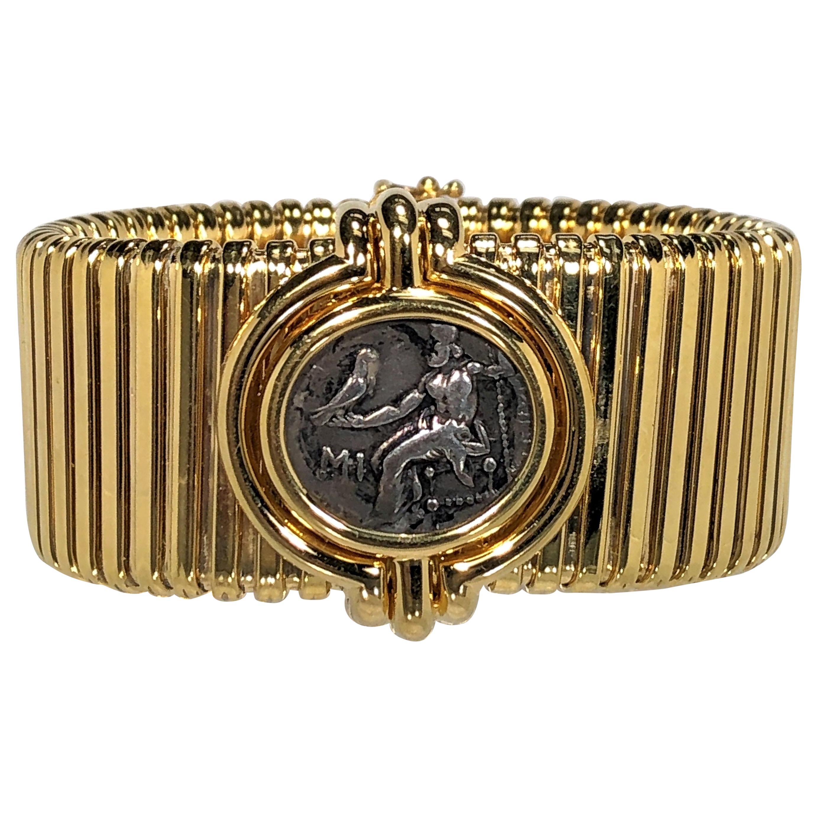Tubogas Gold Cuff Bracelet with Filippo III Ancient Coin Center