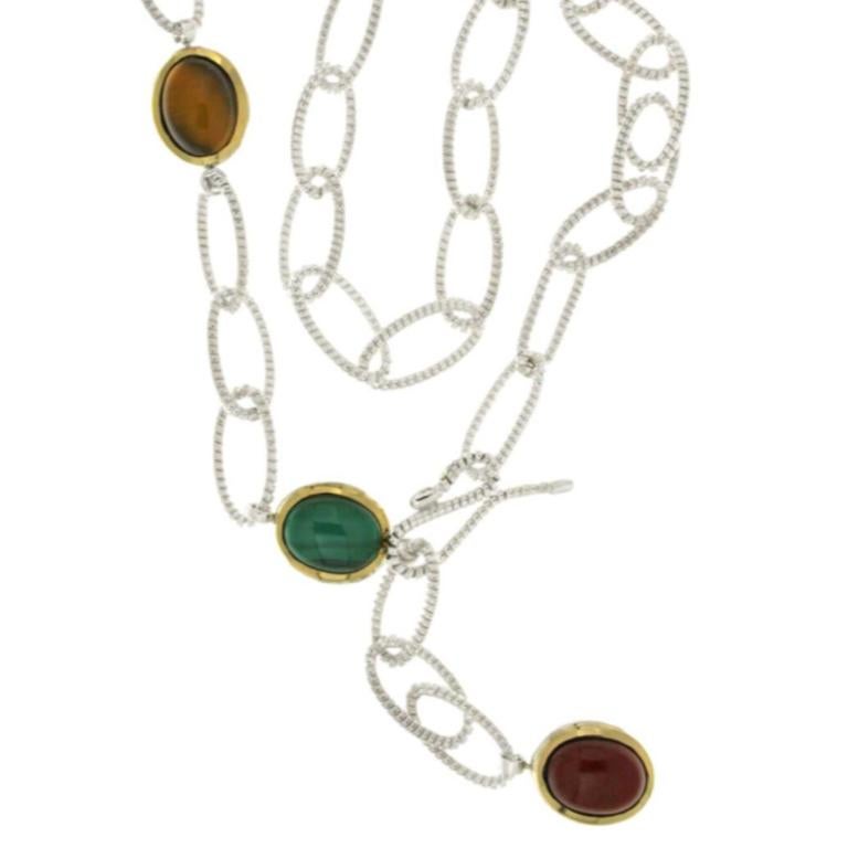 Contemporary Tubogas long link necklace with 3 natural double face stones For Sale