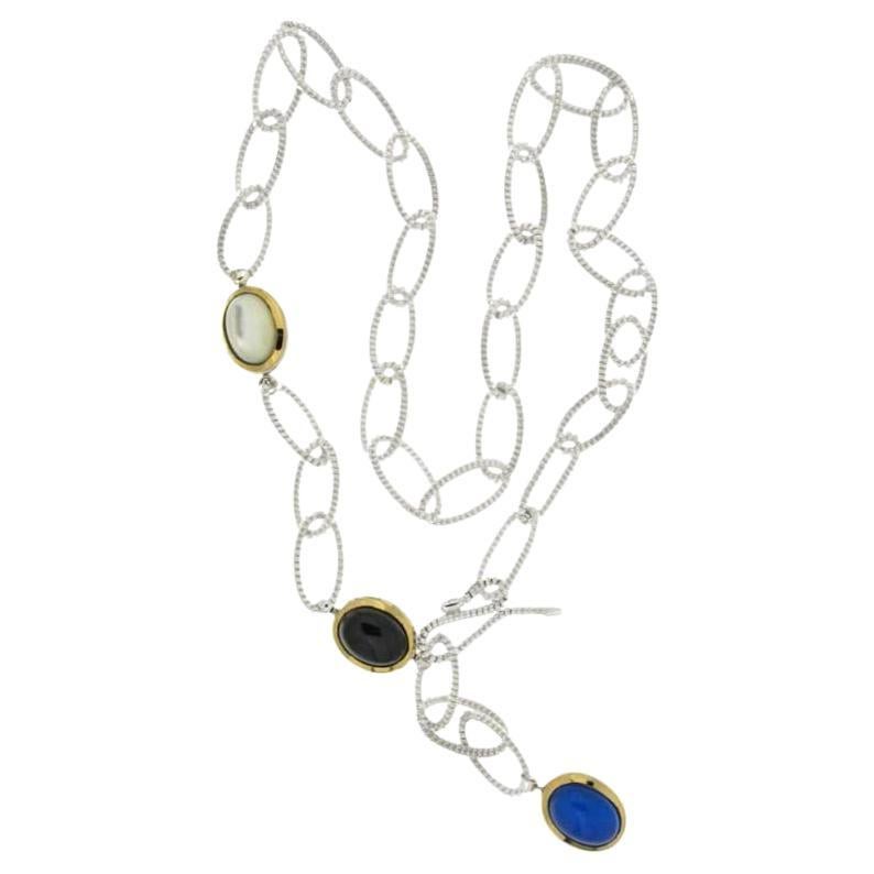 Tubogas long link necklace with 3 natural double face stones For Sale