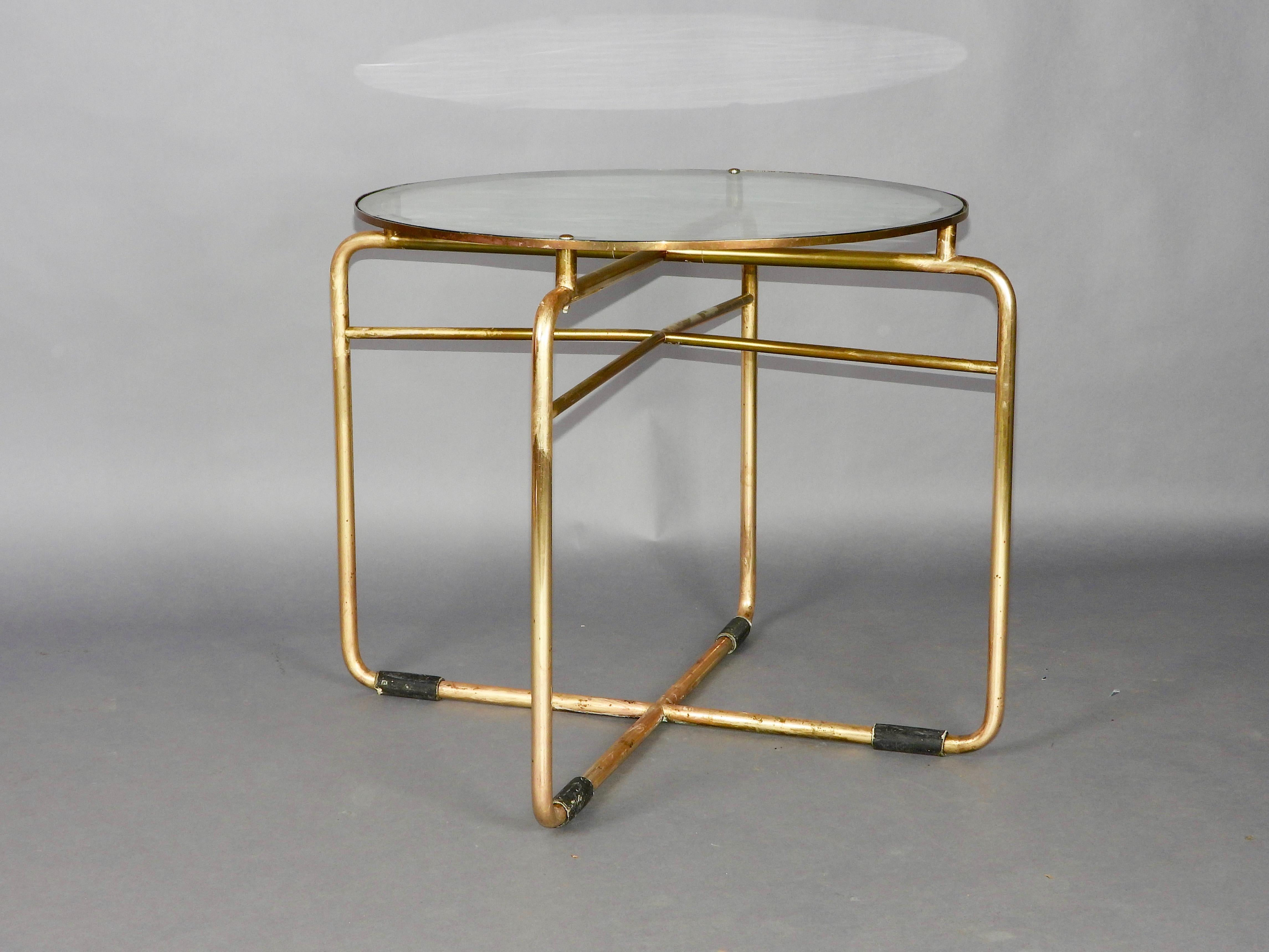tubular art deco pedestal table with golden patina , little damage on the top with the glass see photo