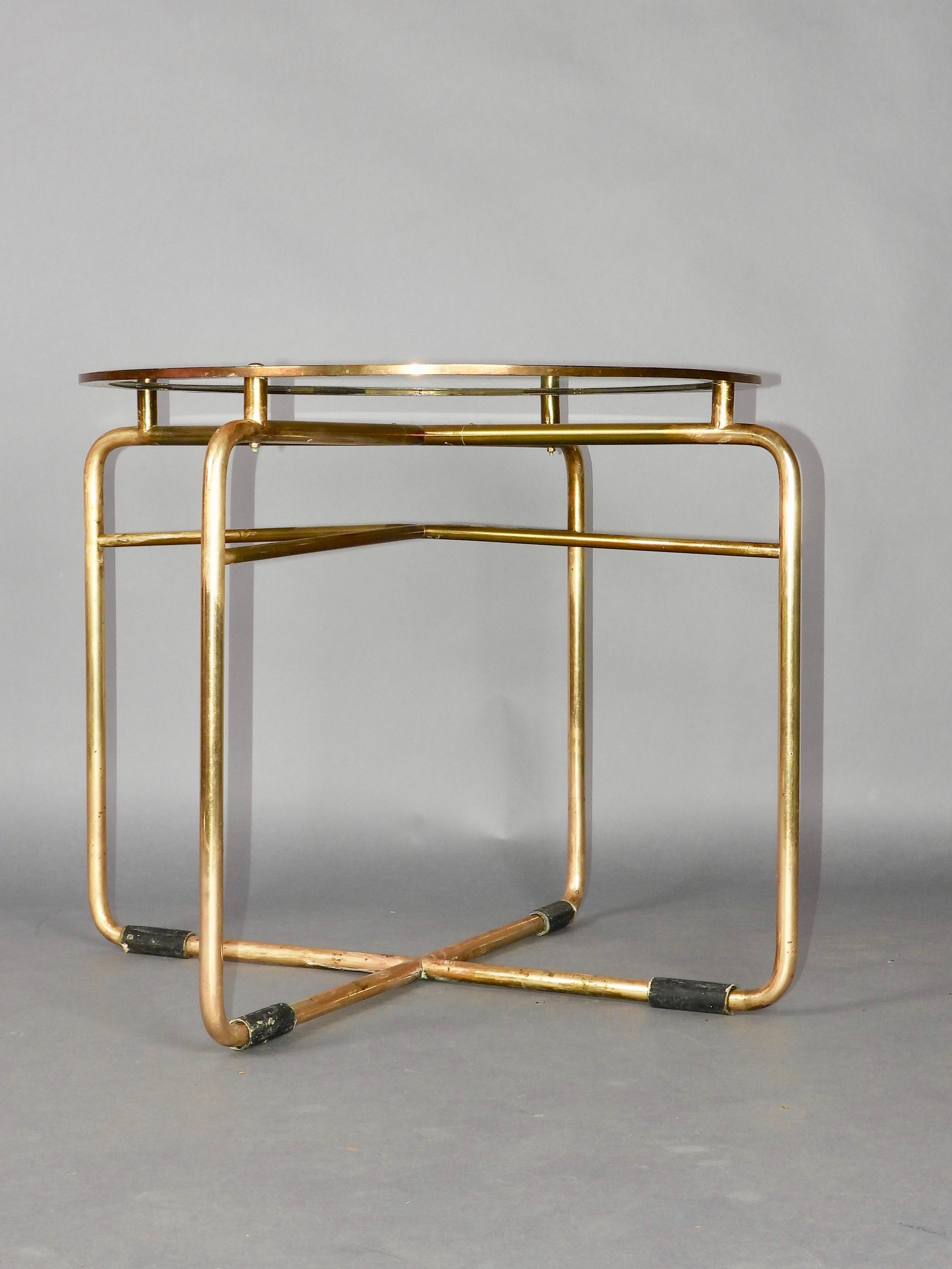Metal tubular art deco pedestal table with golden patina For Sale