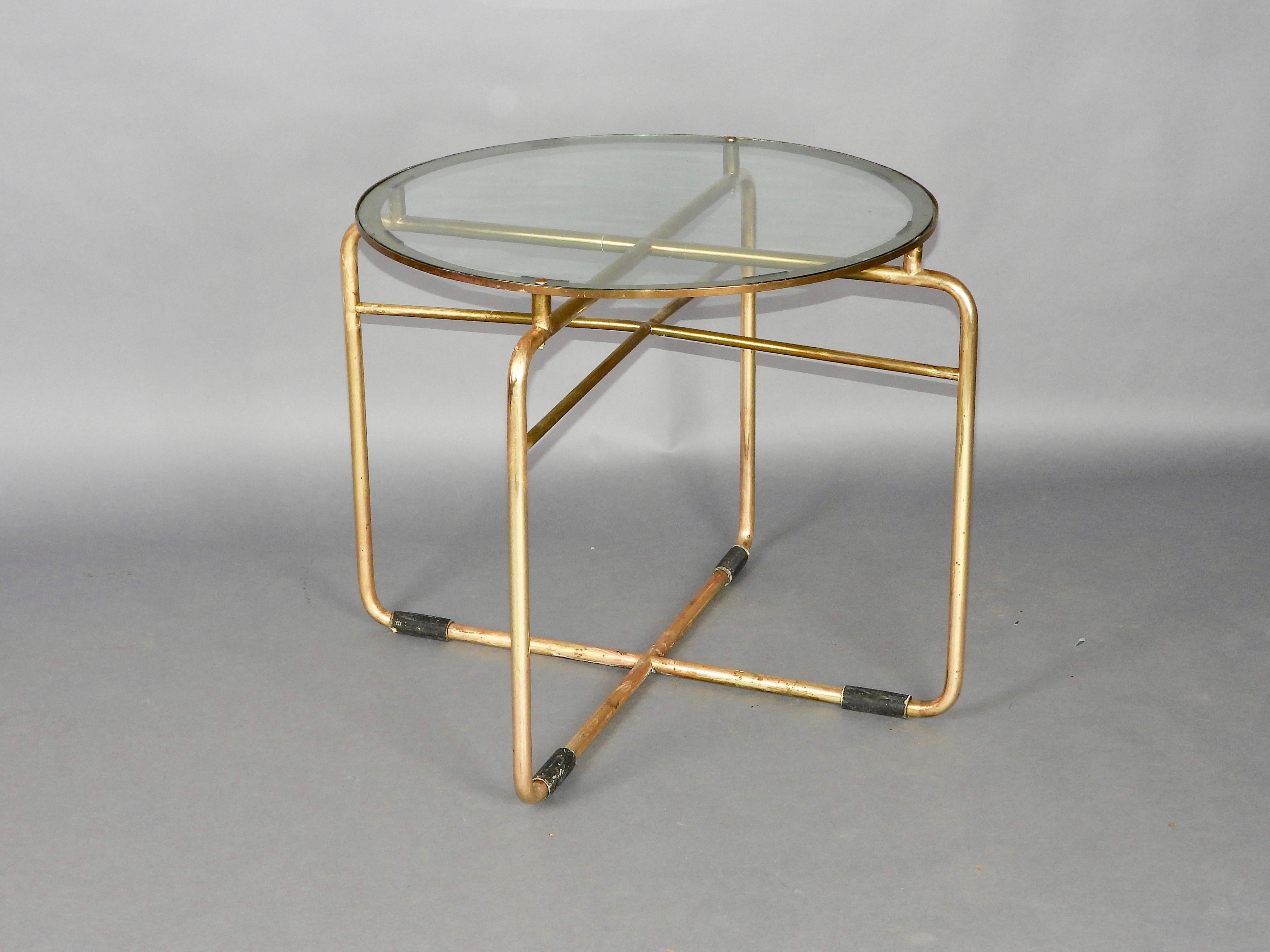 tubular art deco pedestal table with golden patina For Sale 2