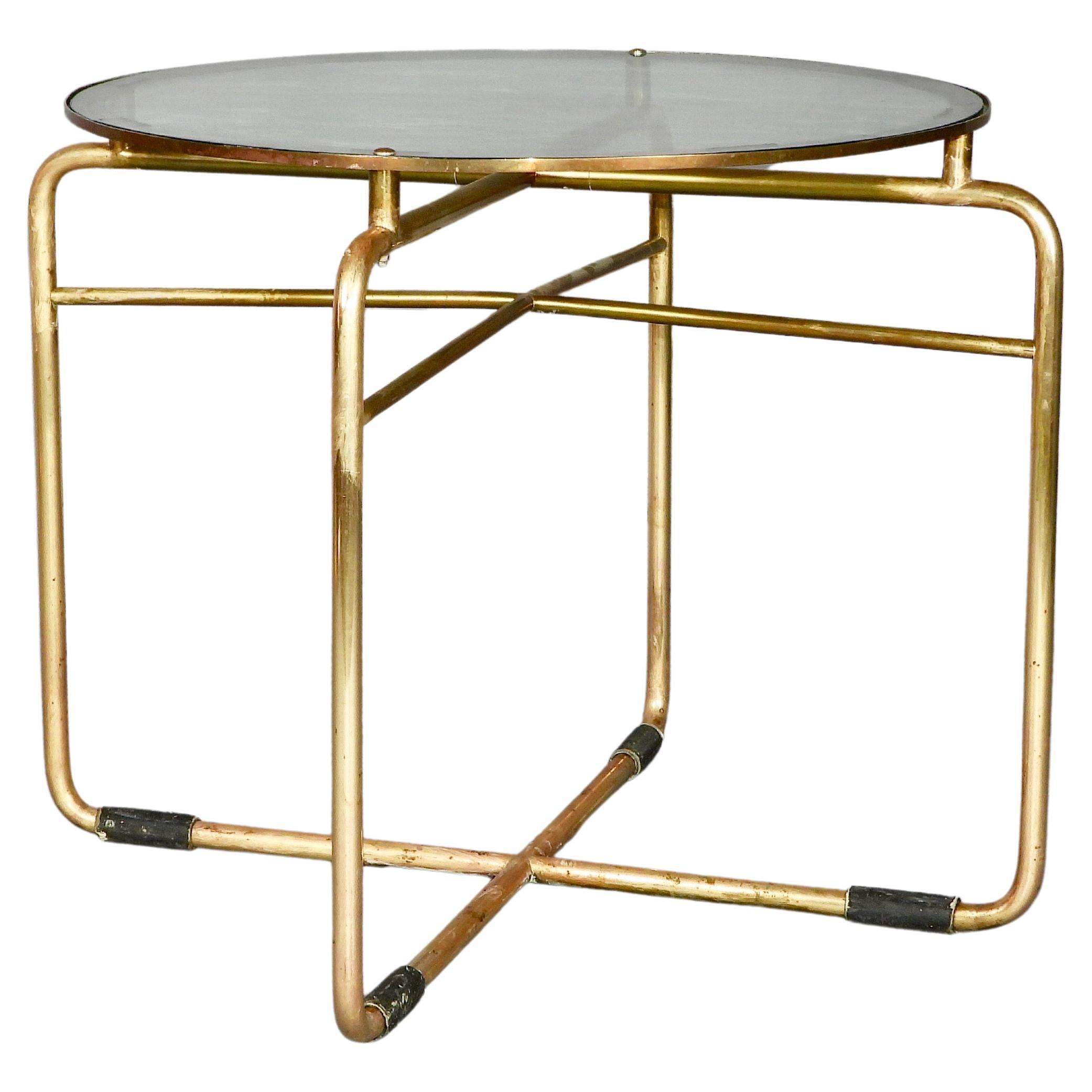 tubular art deco pedestal table with golden patina For Sale