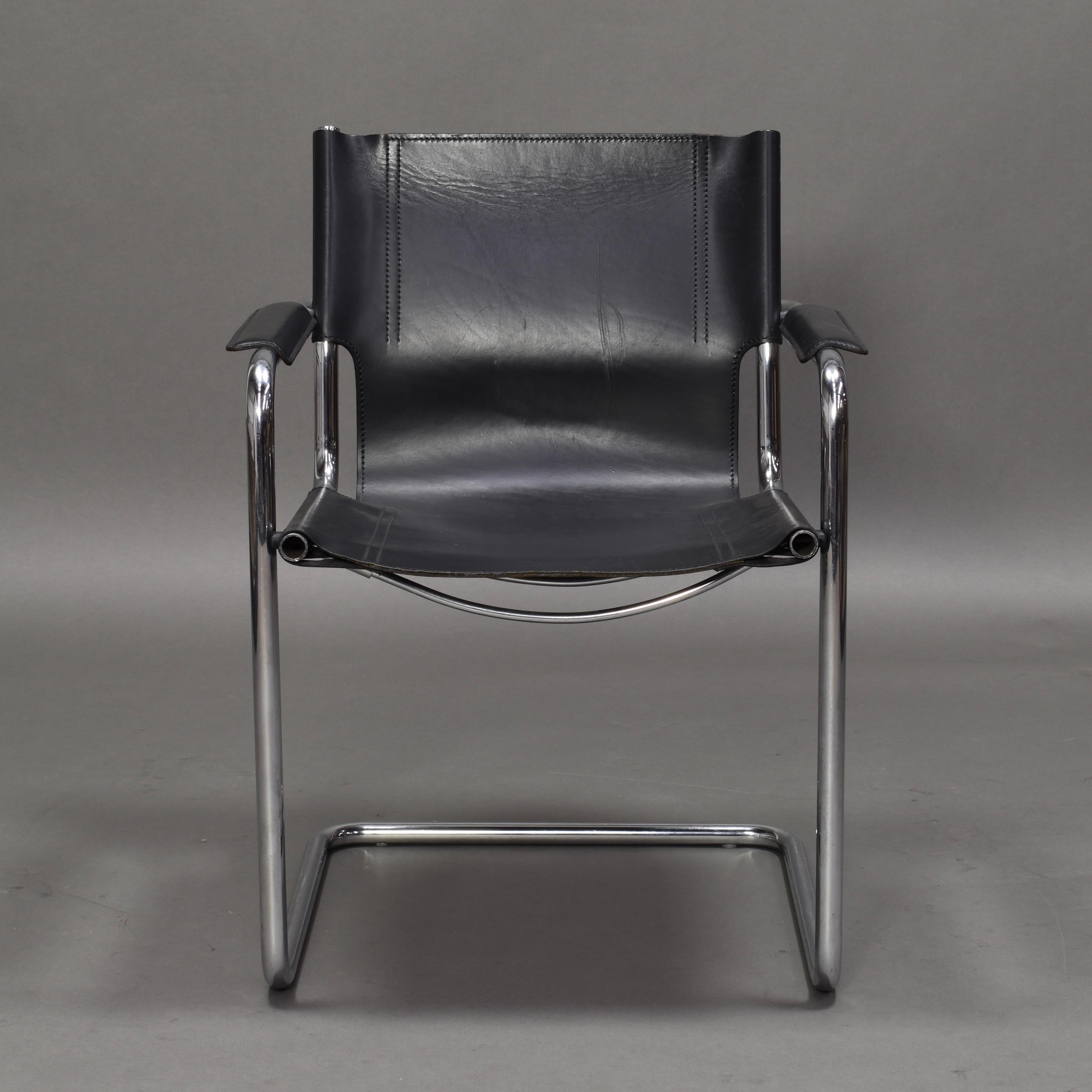 Bauhaus chair designed by Mart Stam for Matteo Grassi in the 1970s. In the style of Marcel Breuer. The chair features leather seating and a chrome tubular base. 

Designer: Mart Stam

Manufacturer: Matteo Grassi

Country: Italy

Model: MG5