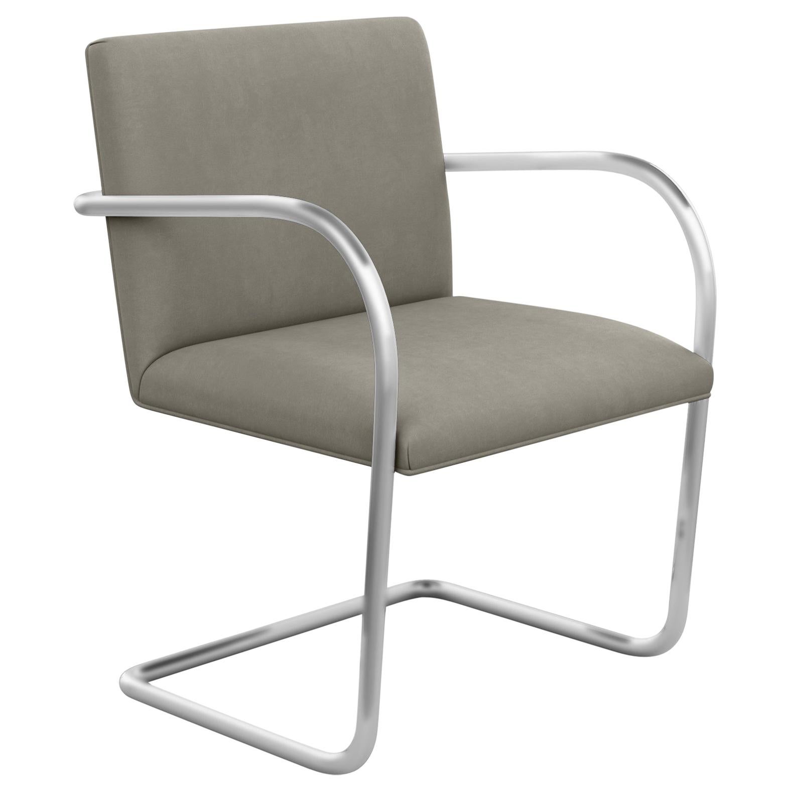 Tubular Brno Arm Chair, Ultrasuede/Mink Upholstery & Satin Chrome Frame For Sale