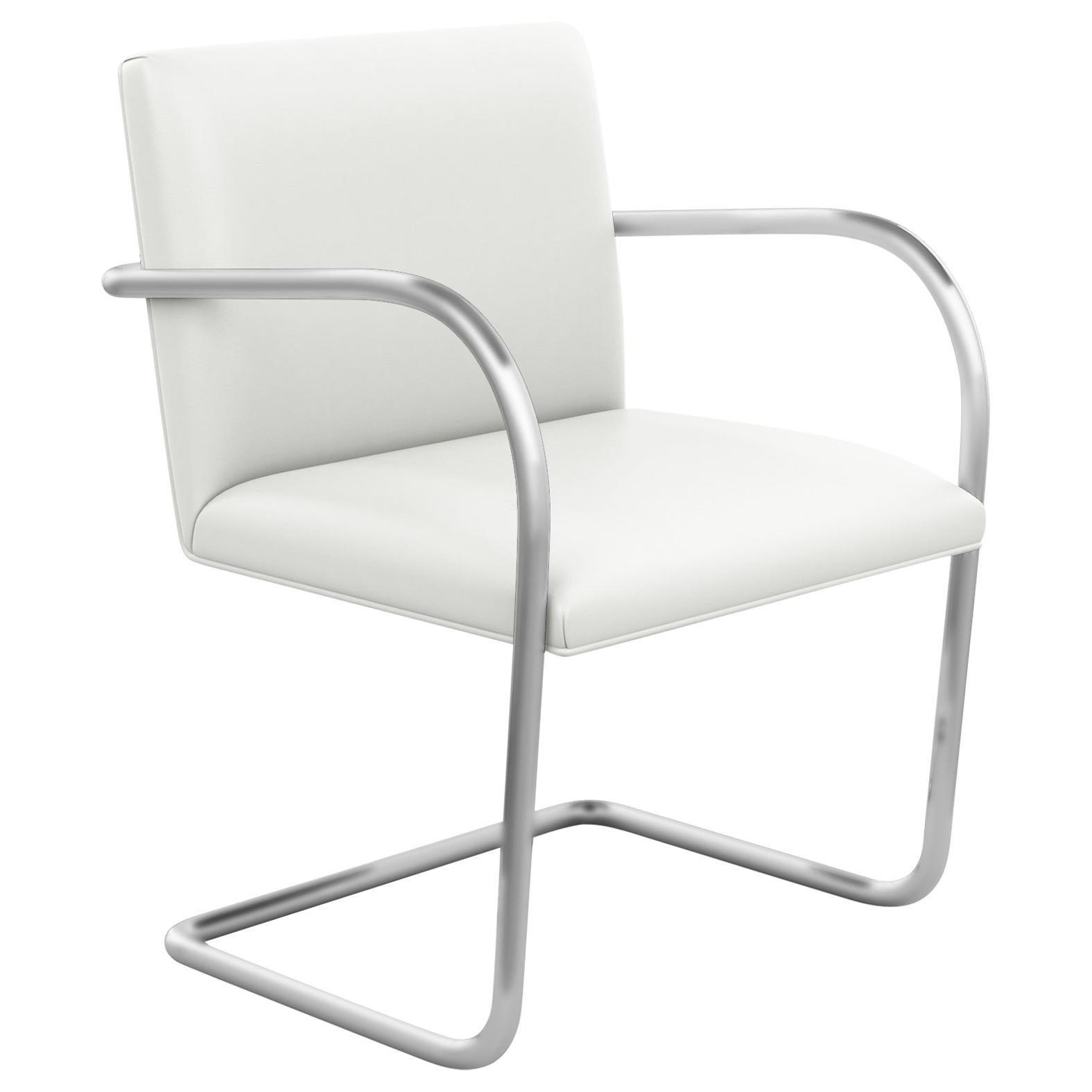 Tubular Brno Arm Chair, Sabrina/White Leather Upholstery & Satin Chrome Frame For Sale