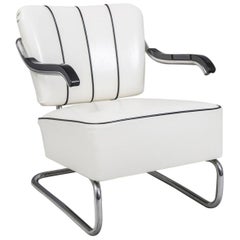 Freischwinger-Sessel aus Chromrohr von Mcke-Melder, weißes Leder, neue Polsterung