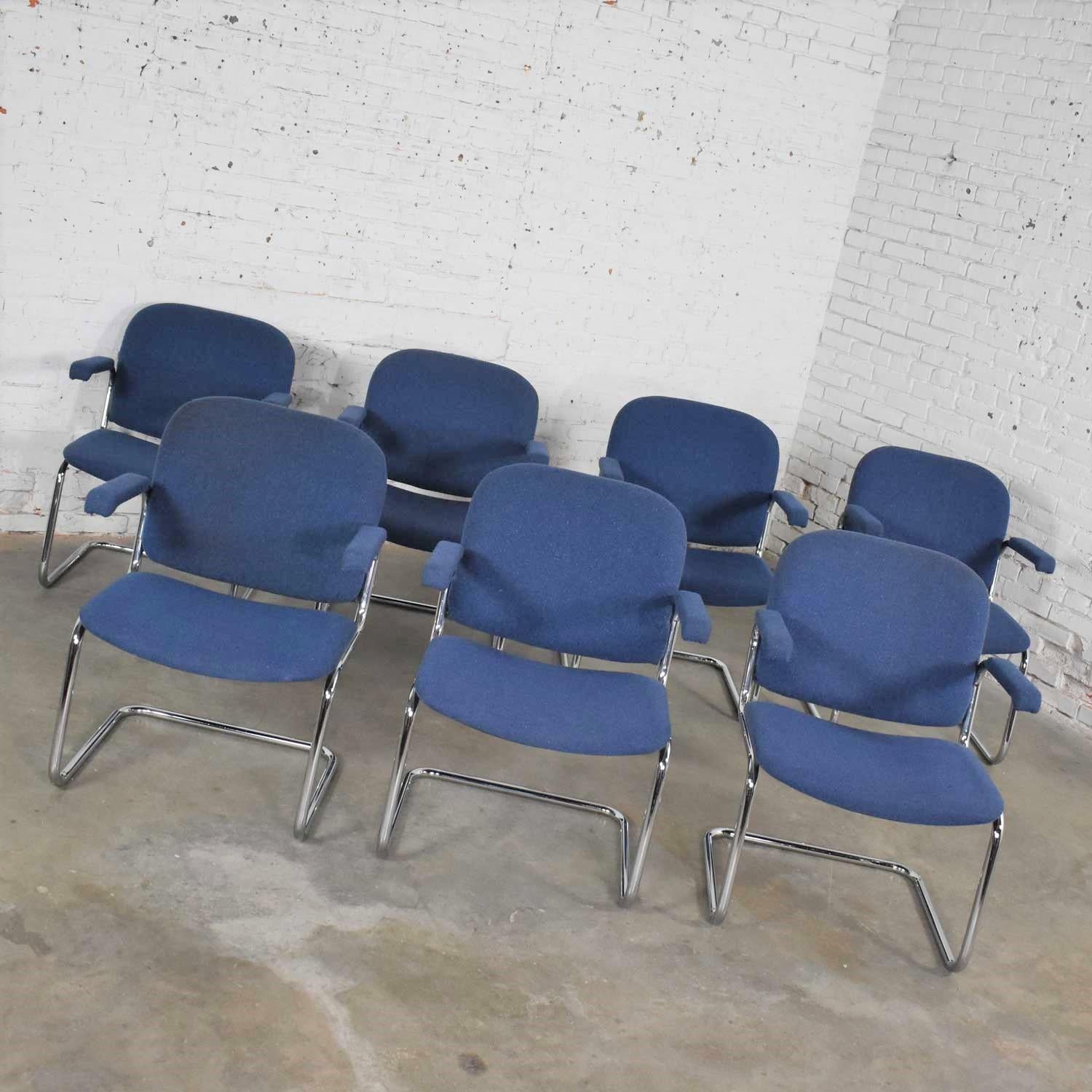 Tubular Chrome and Blue Fabric Cantilever Lounge Chair with Arms Set of 7 For Sale 4
