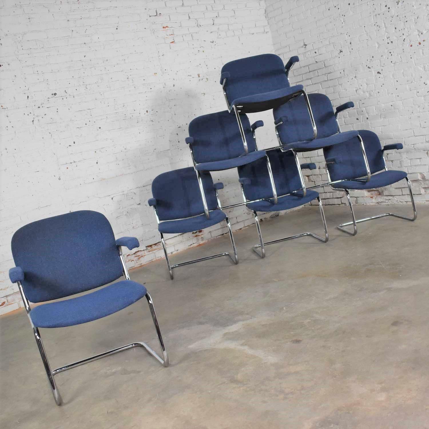 Bauhaus Tubular Chrome and Blue Fabric Cantilever Lounge Chair with Arms Set of 7 For Sale
