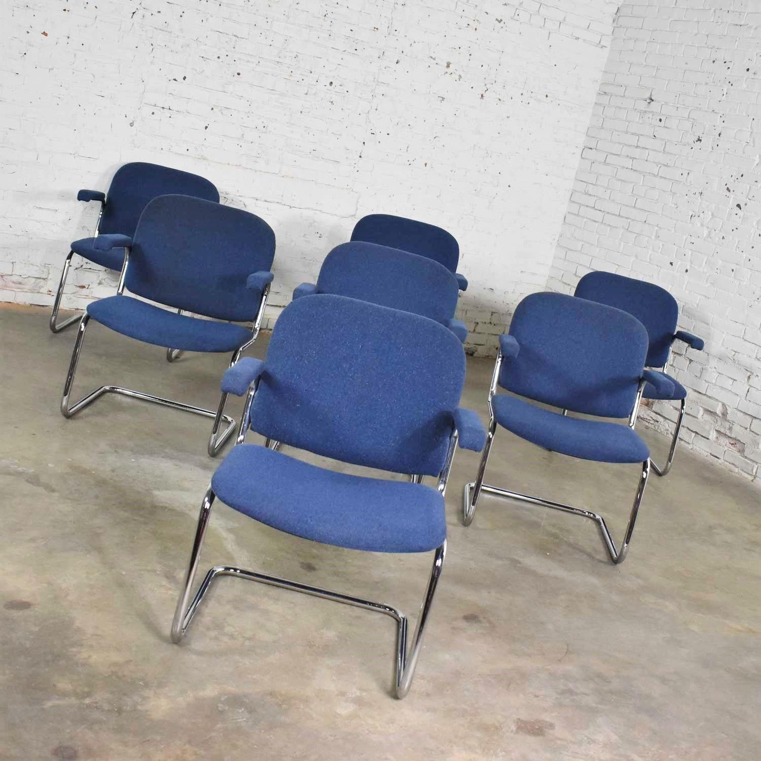 20th Century Tubular Chrome and Blue Fabric Cantilever Lounge Chair with Arms Set of 7 For Sale