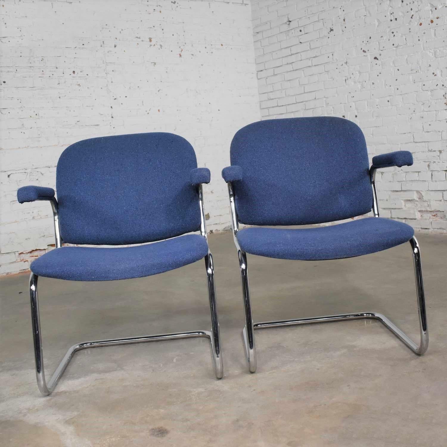 Tubular Chrome and Blue Fabric Cantilever Lounge Chair with Arms Set of 7 For Sale 2
