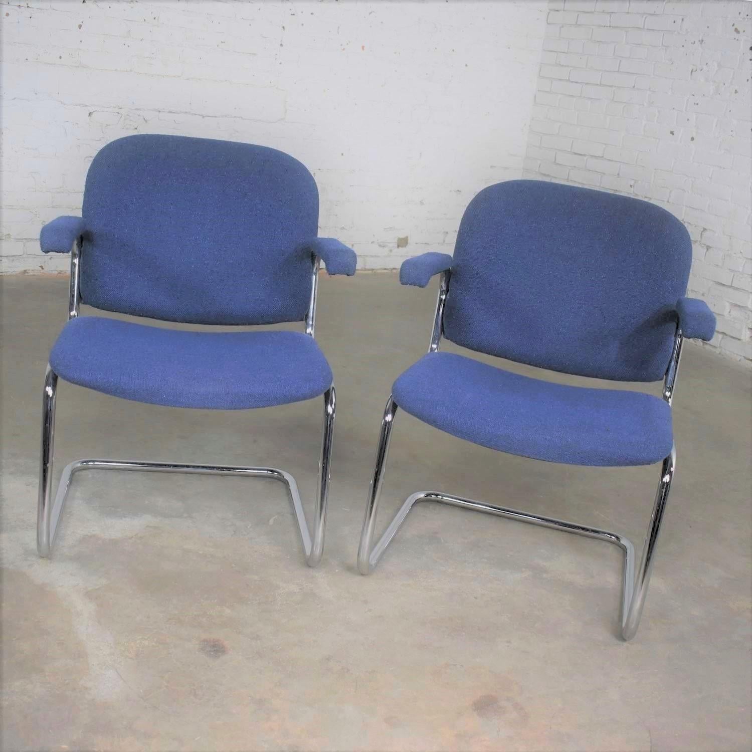 Tubular Chrome and Blue Fabric Cantilever Lounge Chair with Arms Set of 7 For Sale 3