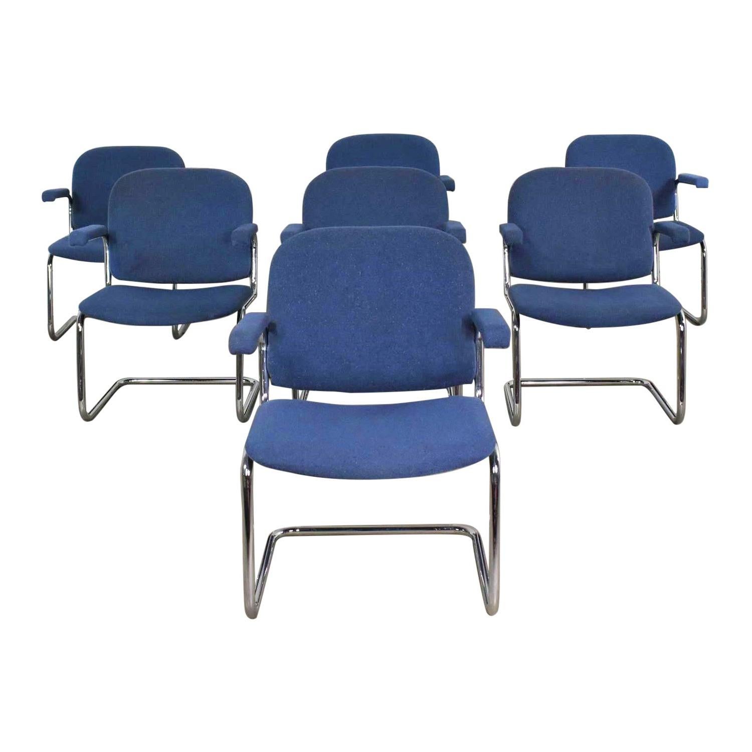Tubular Chrome and Blue Fabric Cantilever Lounge Chair with Arms Set of 7 For Sale