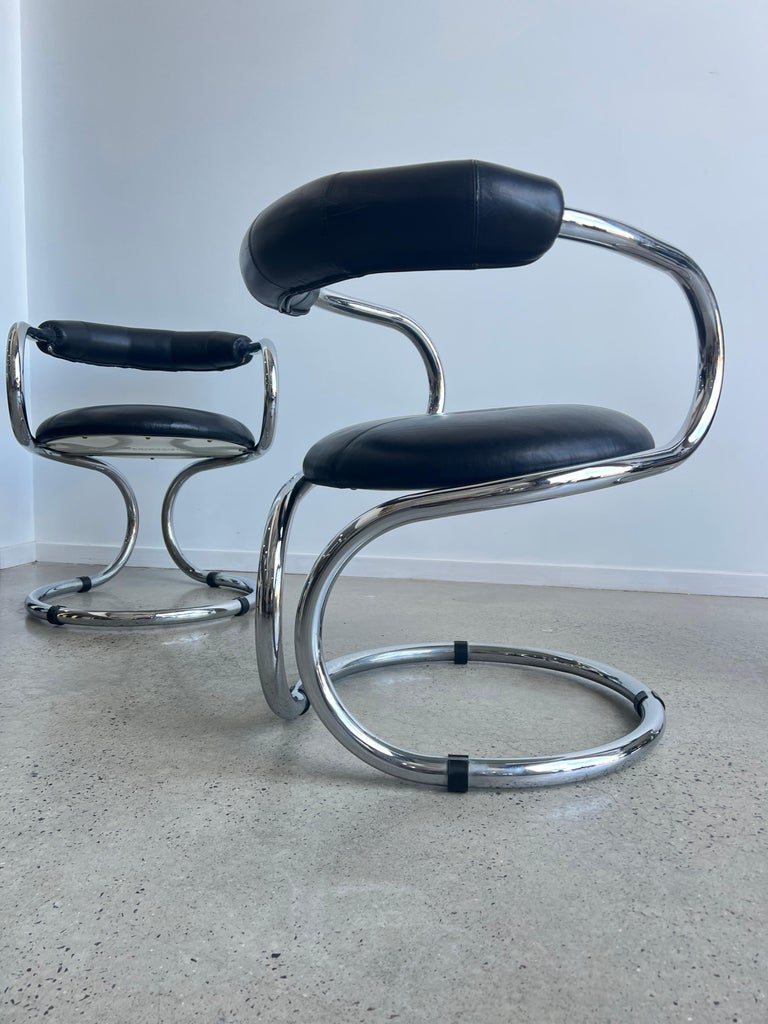 Mid-Century Modern Tubular Chrome and Leather Dining Chair by Giotto Stoppino for Tecnosalotto For Sale