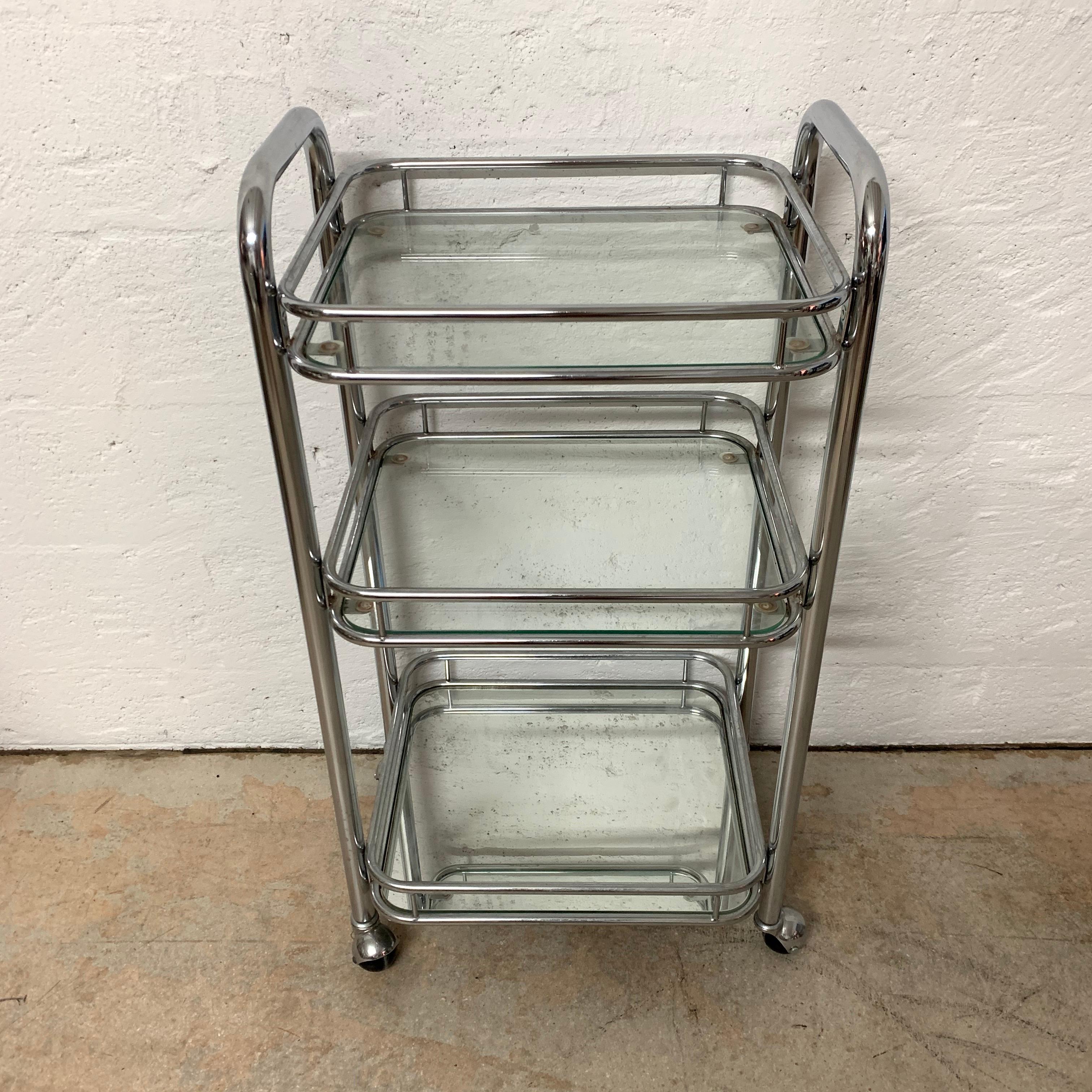 20th Century Tubular Chrome Art Deco Style Bar Cart on Castors