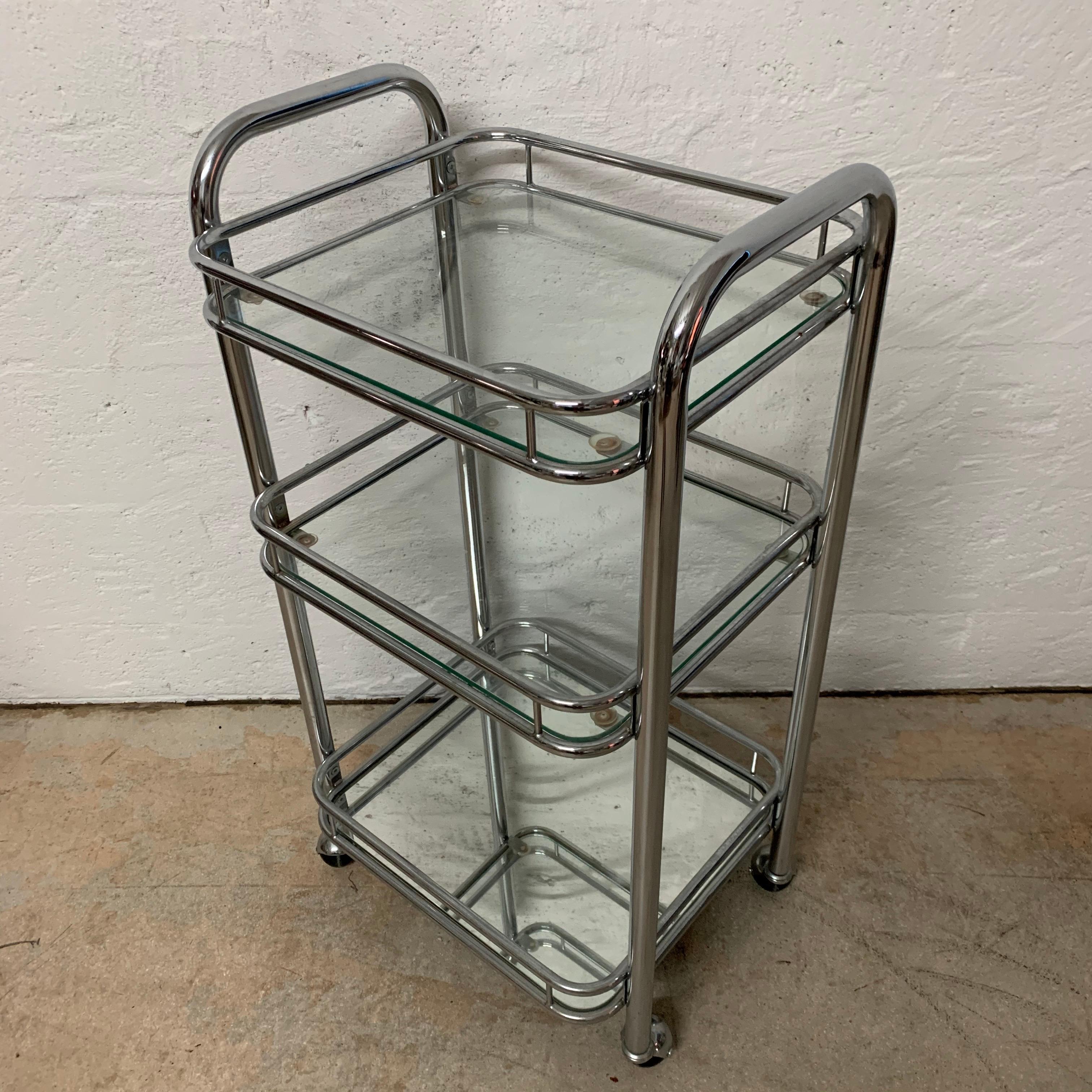 Steel Tubular Chrome Art Deco Style Bar Cart on Castors