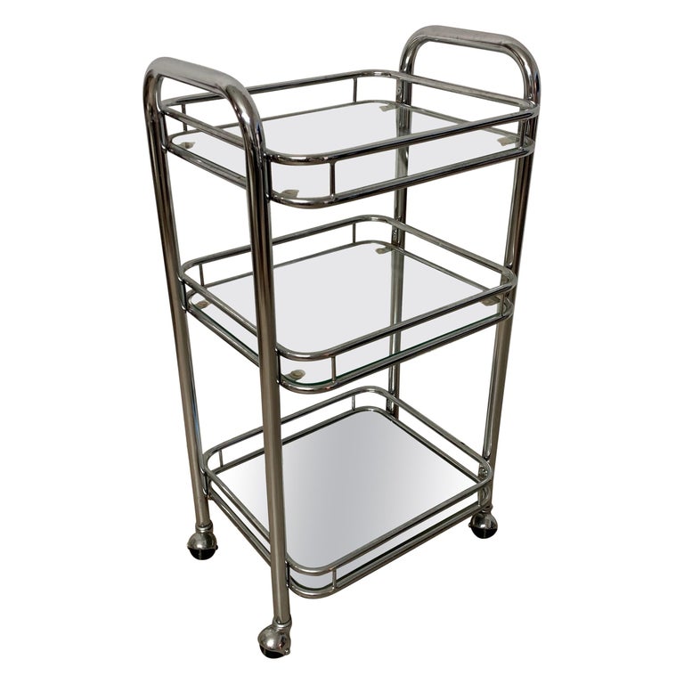 Tubular Chrome Art Deco Style Bar Cart on Castors For Sale
