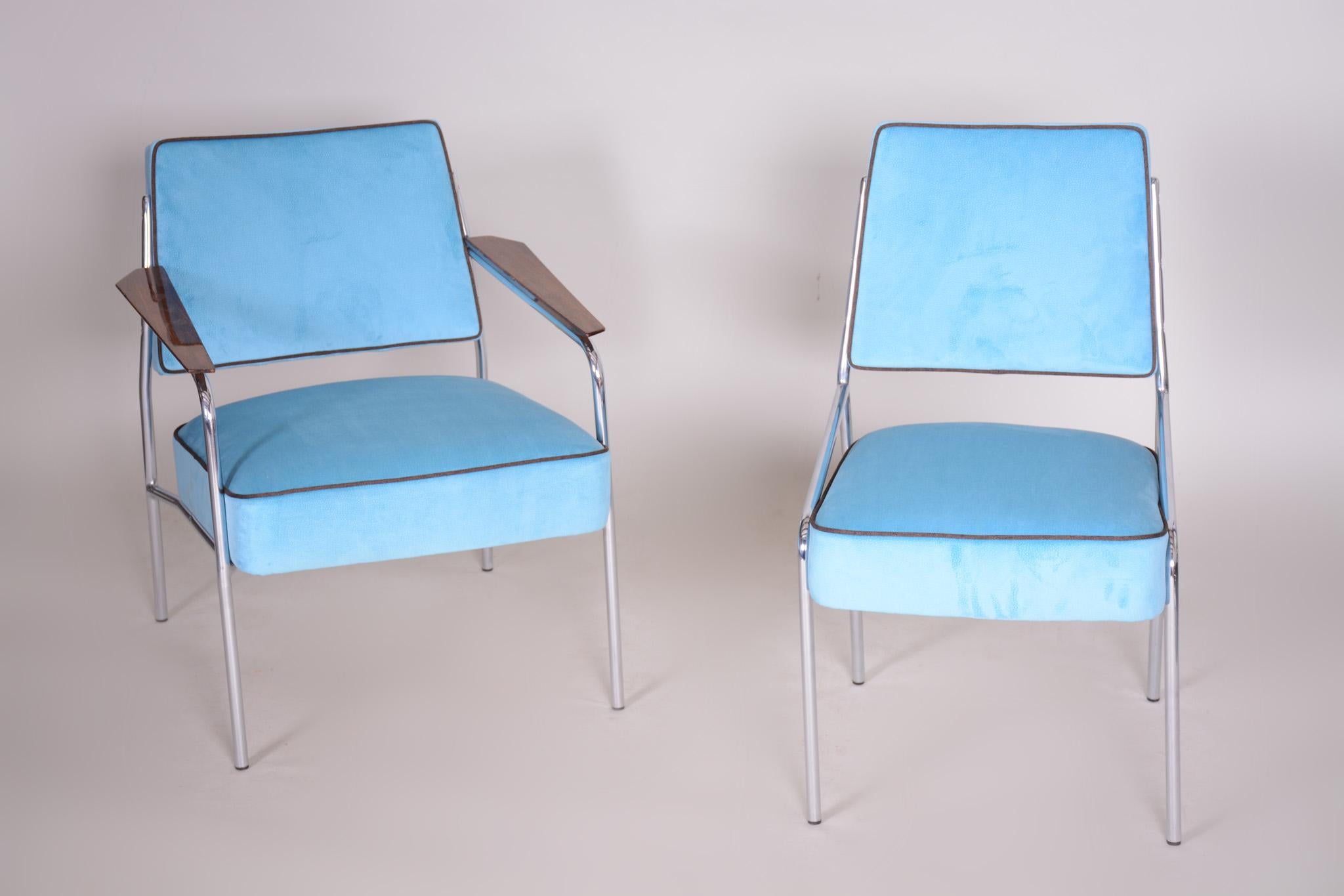 Ensemble de sièges Bauhaus bleu tubulaire chromé, 2 fauteuils et 4 chaises, années 1940 en vente 9