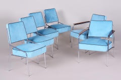 Tubular Chrome Bauhaus Blue Seating Set, 2 Armchairs and 4 Chairs, 1940s