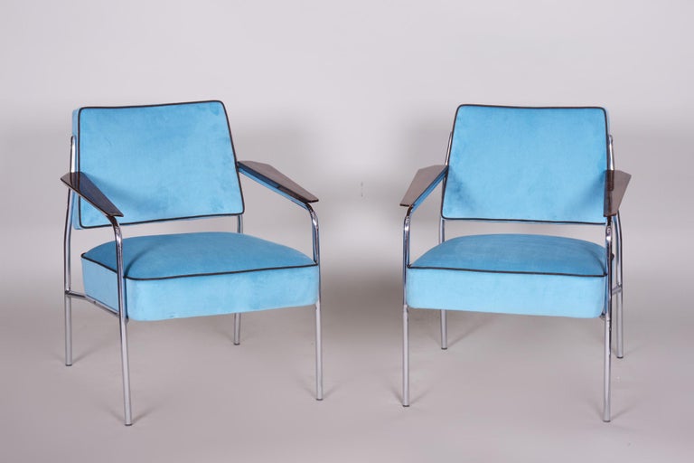 Czech Tubular Chrome Bauhaus Blue Seating Set, 2 Armchairs and 4 Chairs, 1940s For Sale