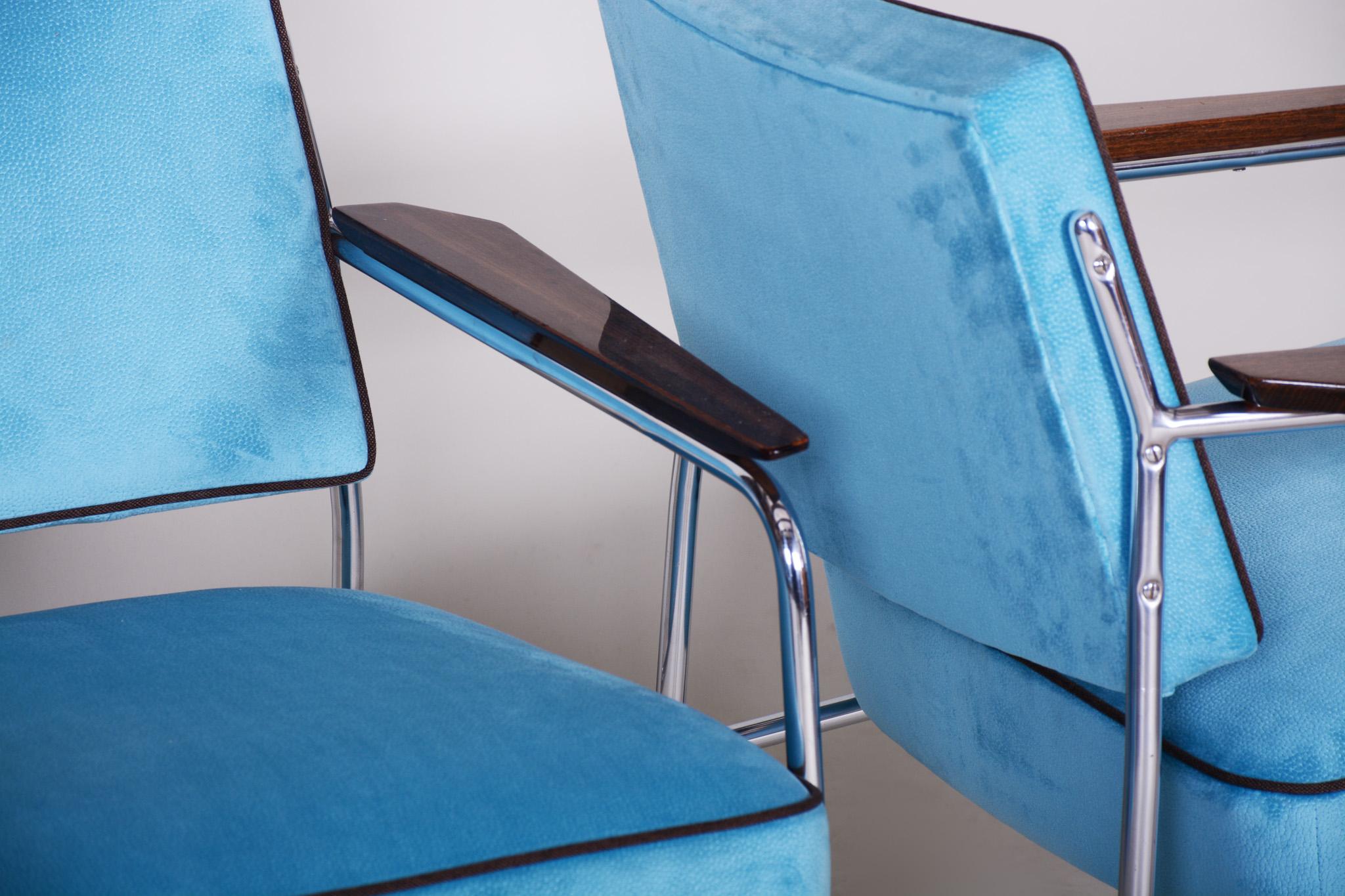 20ième siècle Ensemble de sièges Bauhaus bleu tubulaire chromé, 2 fauteuils et 4 chaises, années 1940 en vente