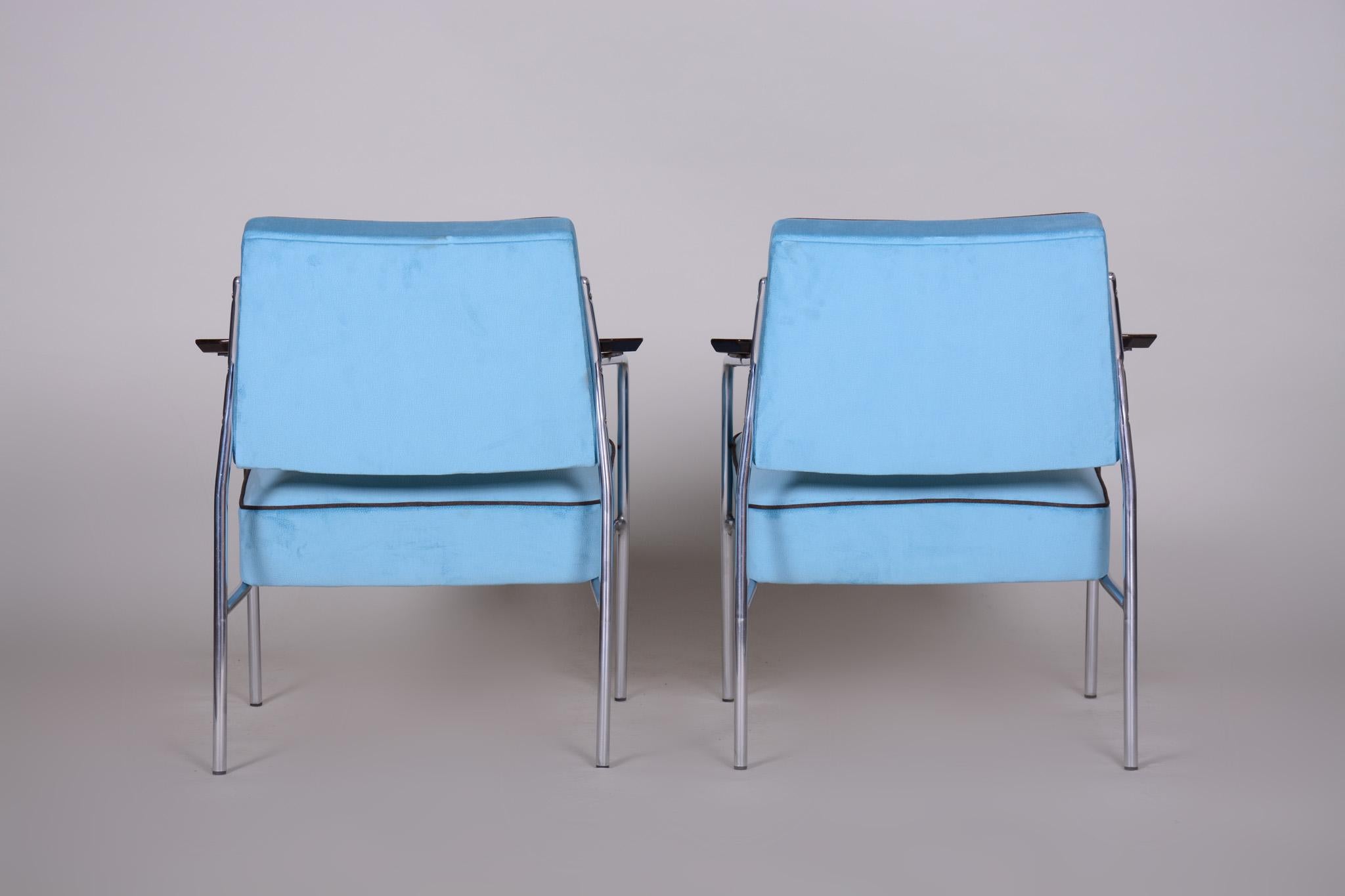 Chrome Ensemble de sièges Bauhaus bleu tubulaire chromé, 2 fauteuils et 4 chaises, années 1940 en vente