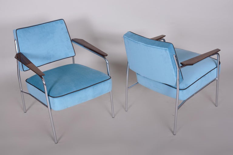 Tubular Chrome Bauhaus Blue Seating Set, 2 Armchairs and 4 Chairs, 1940s For Sale 2