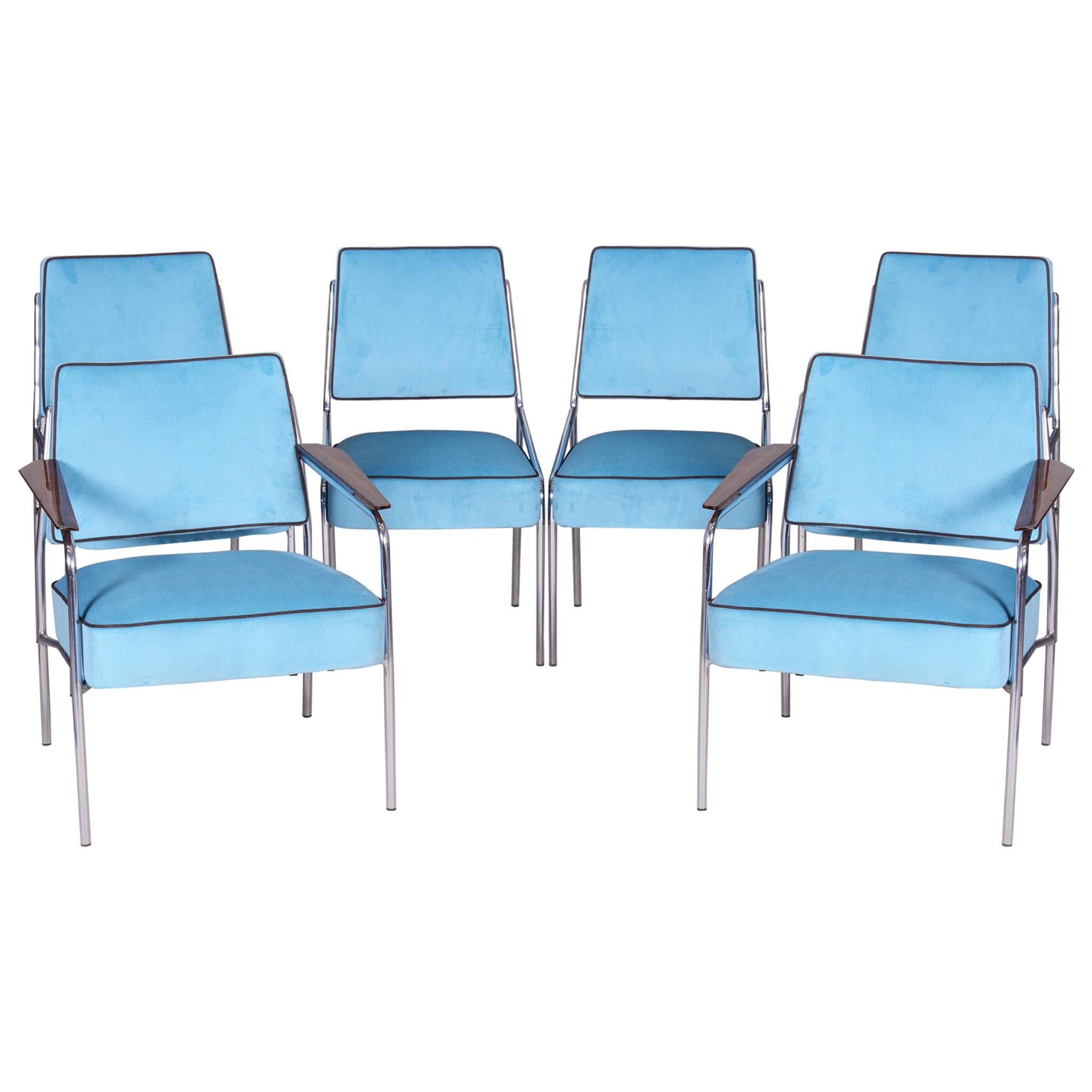Tubular Chrome Bauhaus Blue Seating Set, 2 Armchairs and 4 Chairs, 1940s