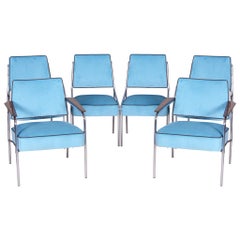 Ensemble de sièges Bauhaus bleu tubulaire chromé, 2 fauteuils et 4 chaises, années 1940