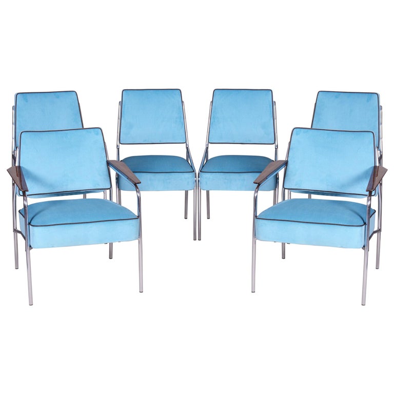 Tubular Chrome Bauhaus Blue Seating Set, 2 Armchairs and 4 Chairs, 1940s For Sale