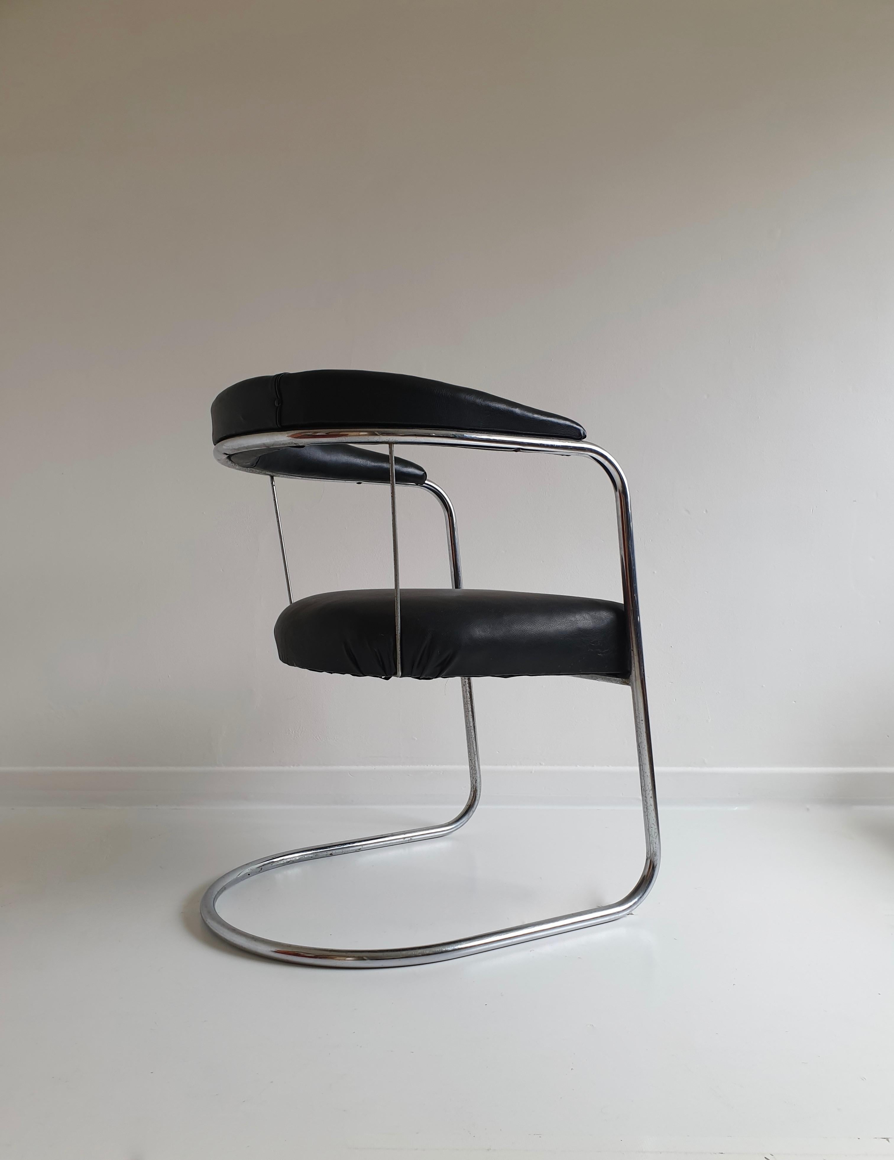 Chrome and leatherette tubular cantilever chair from PEL, England, circa 1930.

The chair is an example of British modernism influenced by Bauhaus and Art Deco and their pioneering design work in steel tube furniture. PEL worked with the top