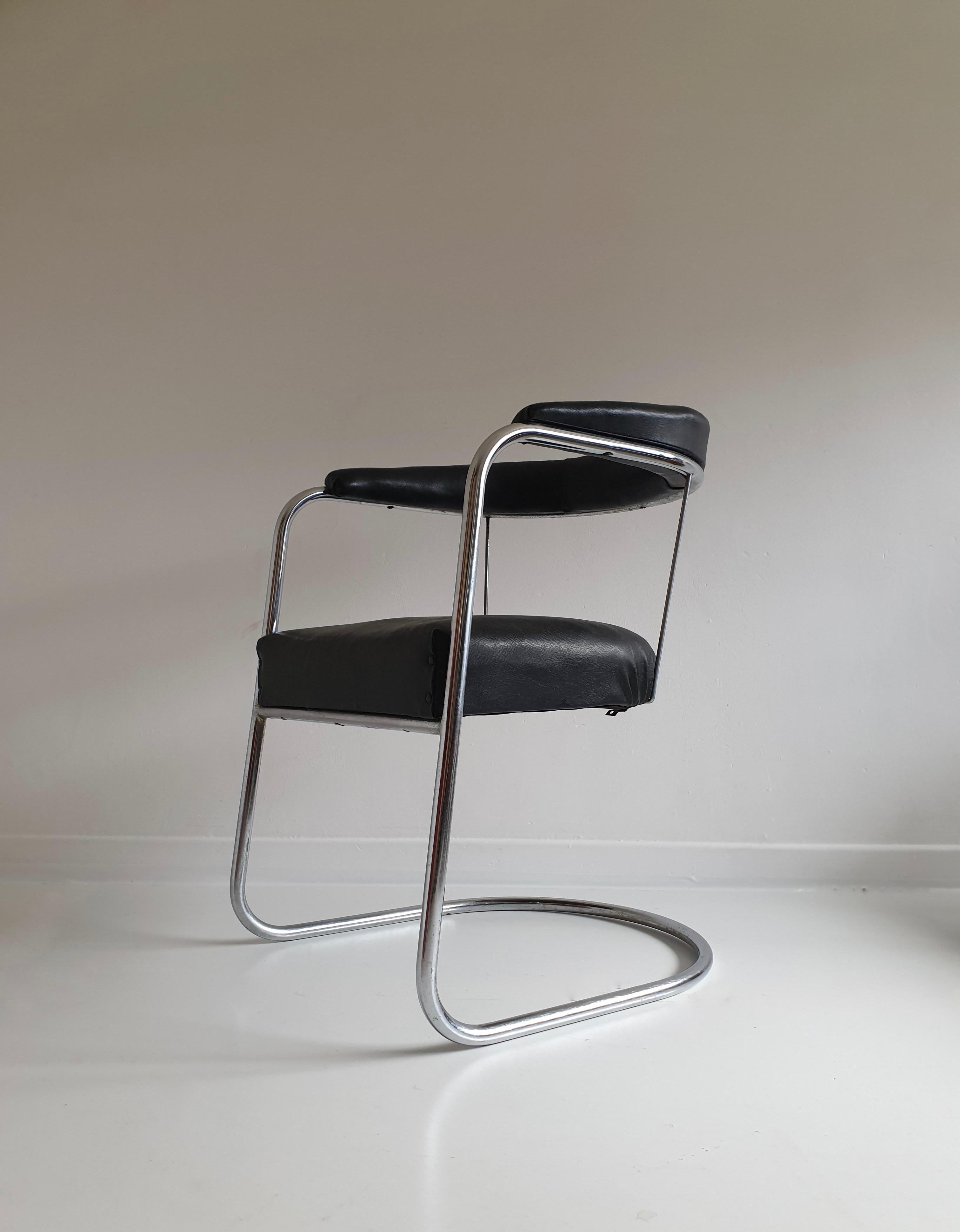 British Tubular Chrome & Black Leatherette Bauhaus Style Chair by PEL, England